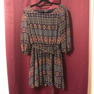 Boho knee length dress with tie belt XL